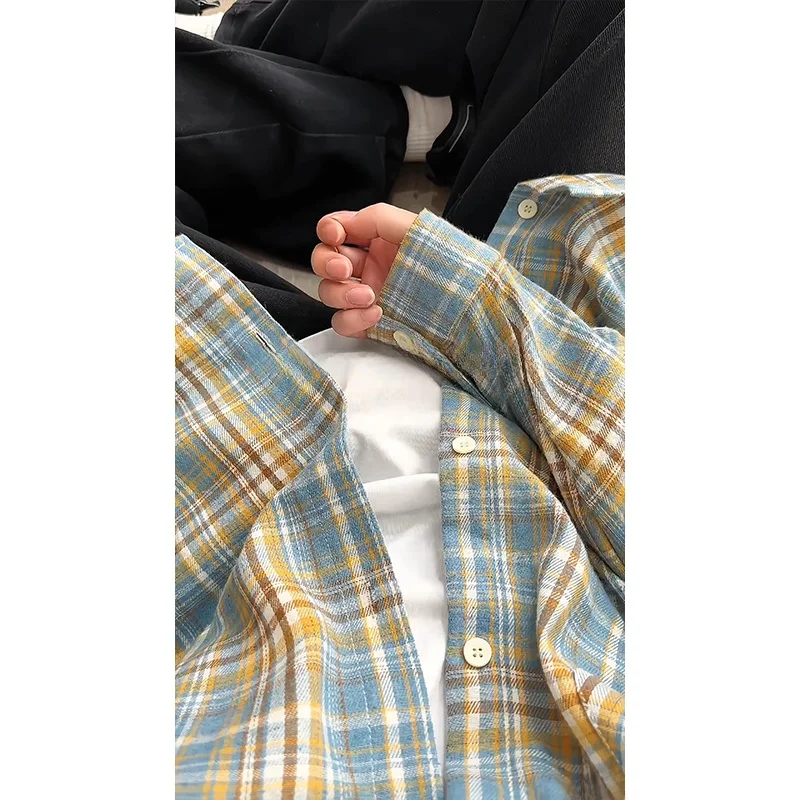 

Blue And Yellow Plaid Long Sve irt Men's College Sle American Retro Early Autumn Jaet Loose Fit Youth Faion