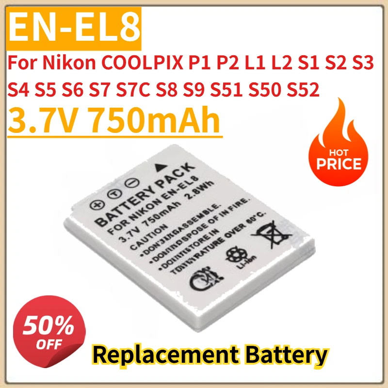 

High Quality New 3.7V 750mAh Camera Battery EN-EL8 For Nikon COOLPIX P1 P2 L1 L2 S1 S2 S3 S4 S5 S6 S7 S7C S8 S9 S51 S50 S52
