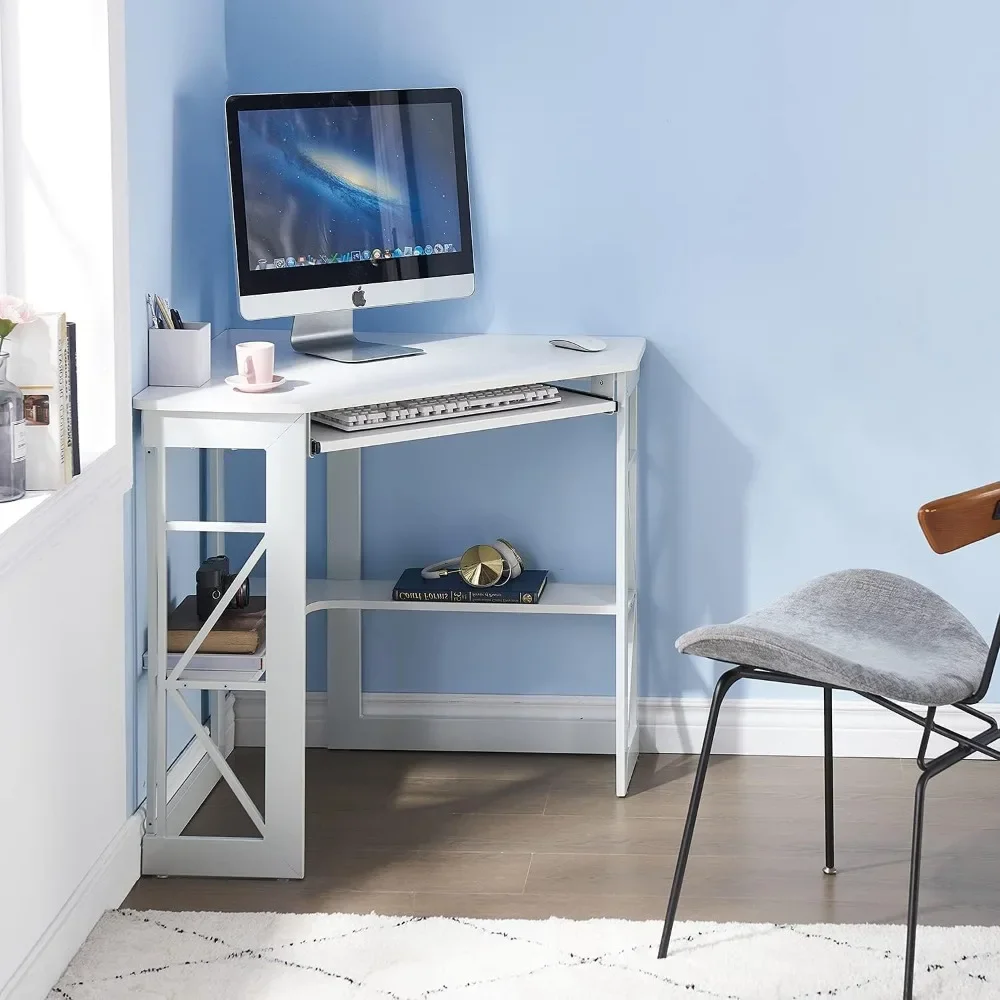 Corner Computer Desk with Smooth Keyboard & Storage Shelves for Home Office Workstation, White, Free Shipping