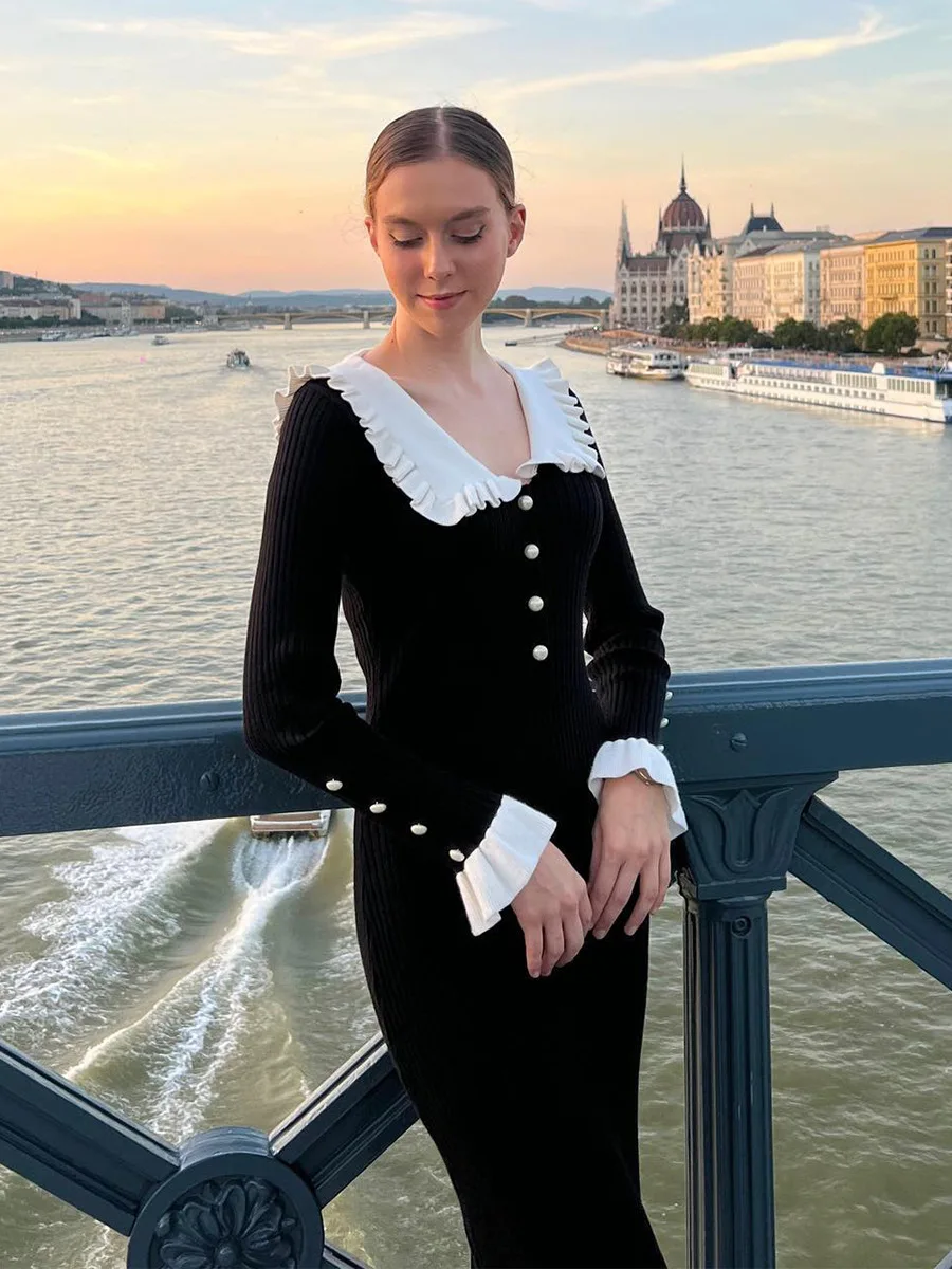 Élégant noir blanc robe longue femmes 2025 Vintage taille haute robes minces à manches longues robe en tricot dame automne hiver Verstido