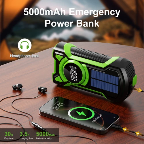 Imagen 2 del producto Radio de emergencia manivela Solar 5000mAh, IP65 impermeable a prueba de polvo Bluetooth 5,3 portátil AM/FM/NOAA Radio de alerta meteorológica