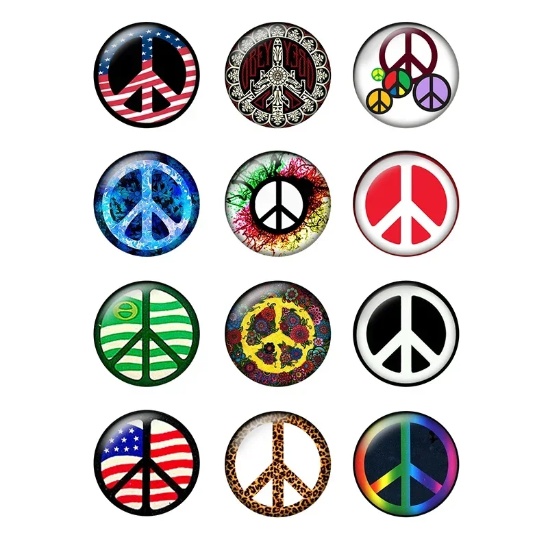 12pcs/lot Peace Symbol Pattern Glass Cabochons 10mm 12mm 14mm 20mm 25mm Flat Back DIY Jewelry Making Findings & Components T158