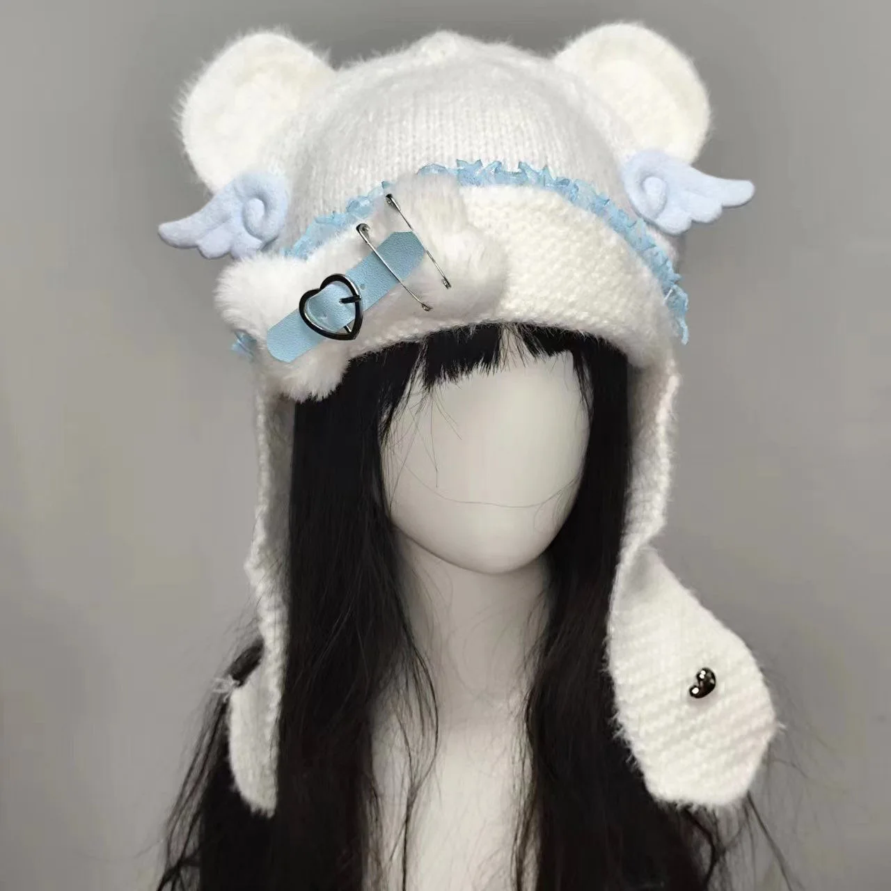 

Y2K Watercolor Bear Ear Hat Subculture Cute Lace Bone Angel Wing Knitted Hat With Ear-protection Lolita Accessories