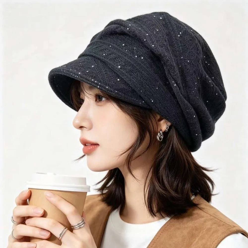 Fashion Soft Newsboy Beret Hat Breathable Foldable Visor Hat Stretchy Shimmer Dots Decor Knit Beanie Women