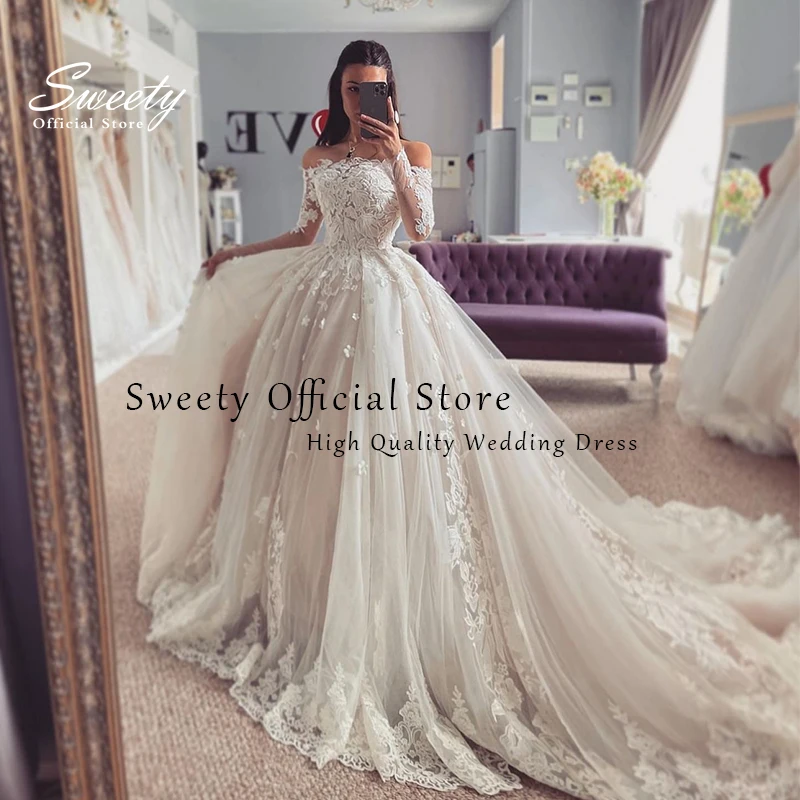 Elegante trouwjurk geborduurd kant op net met prinses baljurk boothals volledige mouw bruid vestido de novia aangepast