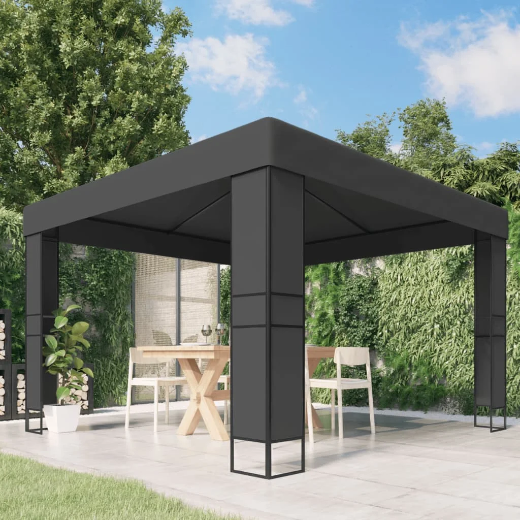Gazebo anthracite 3x3m avec double toit, grand auvent pour camping familial, tente pliante portable, protection solaire, pergola imperméable
