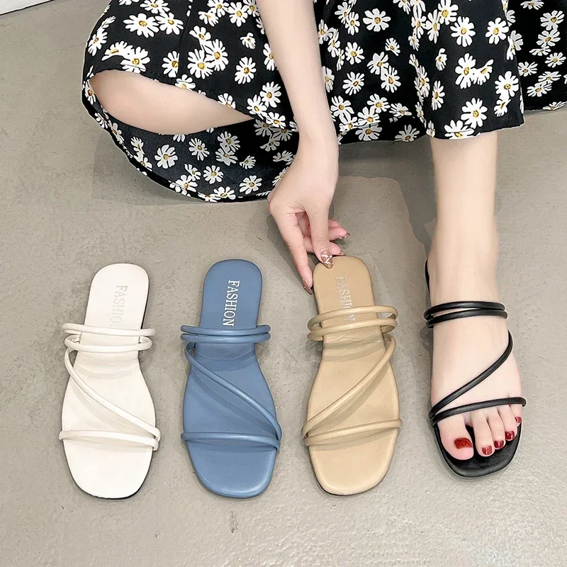 2024 Summer  Two Wear Sandals Women\'s Fashion Korean Edition One Line with Sandals Casual Flat Outsider Slippers  Plus Size 40