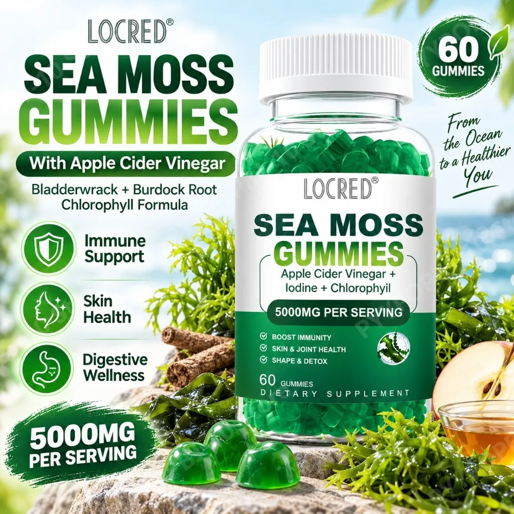 Sea Moss Gummies with Apple Cider Vinegar, Bladderwrack, Burdock Root & Chlorophyll for Immune Support & Skin Health, 60 Gummies