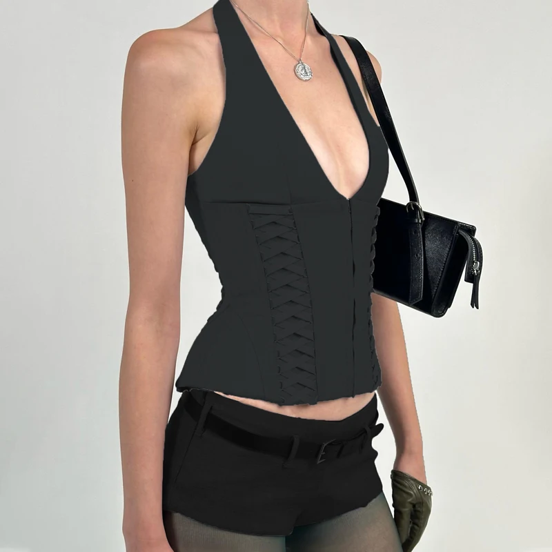 WhereMery Fashion Cross Tie Zipper Slim Kamizelka damska Sexy Off Shoulder Backless Sleeveless Halter Top Casual Summer Street Camis