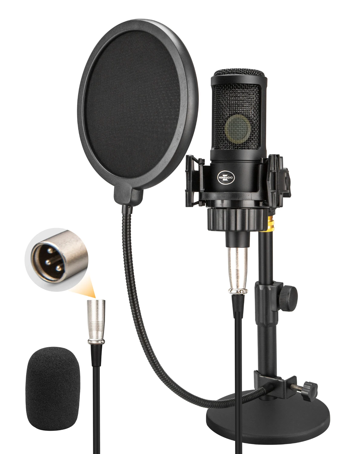 

KENBAIDIO CM-308 XLR Condenser Microphone with 26mm Large Diaphragm Metal Desktop Stand,Pop Filter for Streaming,Podcasting