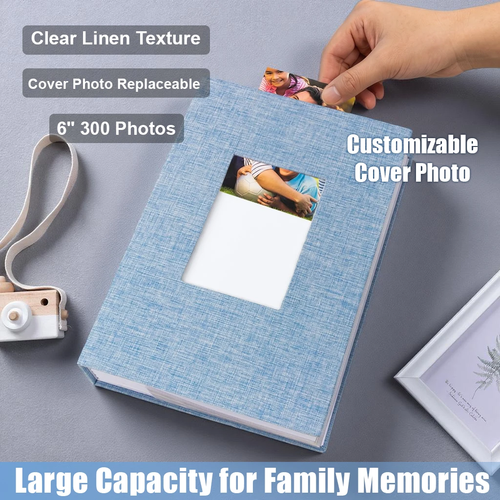 Linen Fabric Photo Album 6 Inch 300 Pockets Large Capacity with Front Display Window & Writing Space,  Wedding Family Vacation