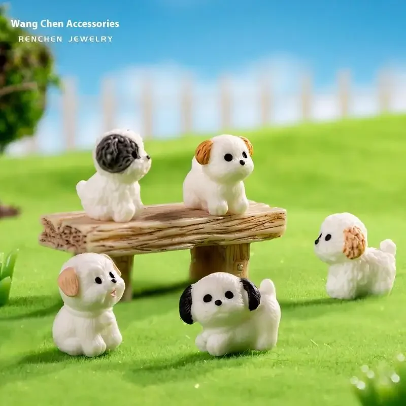 Casa de muñecas en miniatura, decoración de jardín de hadas para cachorros, animales de dibujos animados de resina Kawaii, perro blanco para decoración de casa de muñecas, juguetes de regalo, 5 uds.