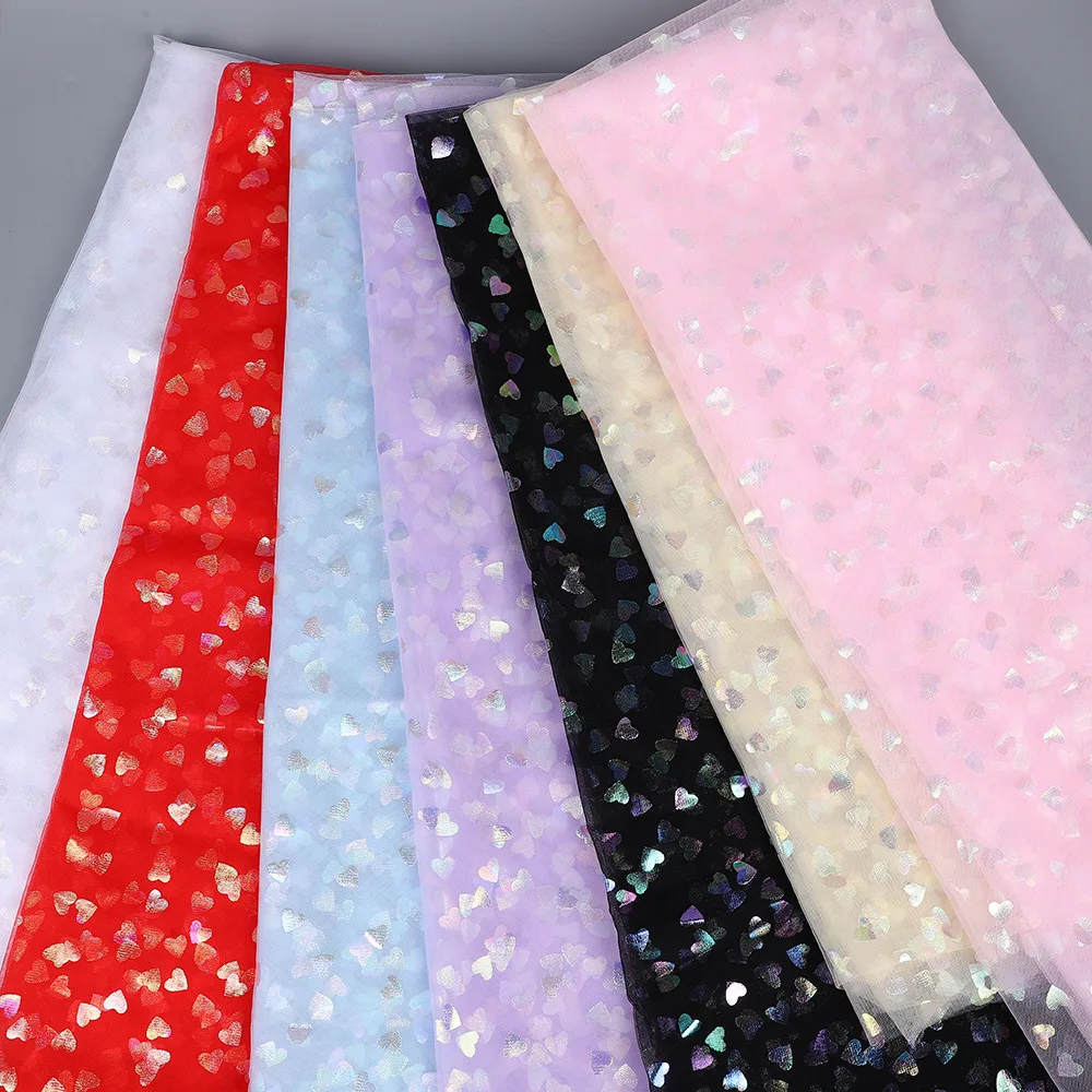 Iridescent Heart Gold Foil Mesh Fabric for Holiday Festival Decor Performance Wear Stage Costume Table Runner DIY Sewing