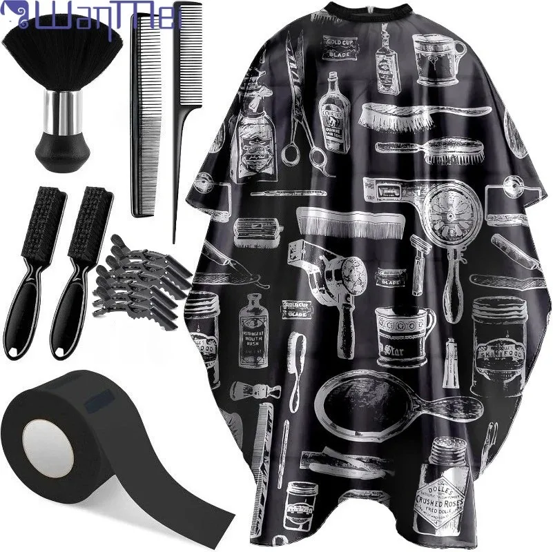 Wantei conjunto de capa de barbeiro com escova e pente para remoção de poeira, acessórios profissionais de barbeiro, suprimentos limpos, estilo de corte de cabelo de salão de beleza
