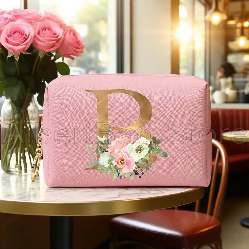 

Floral Monogram Initial Letter Gold Alphabet Wedding Gifts PU Leather Case Cosmetic Bags Women Makeup Bag Waterproof Storage Bag