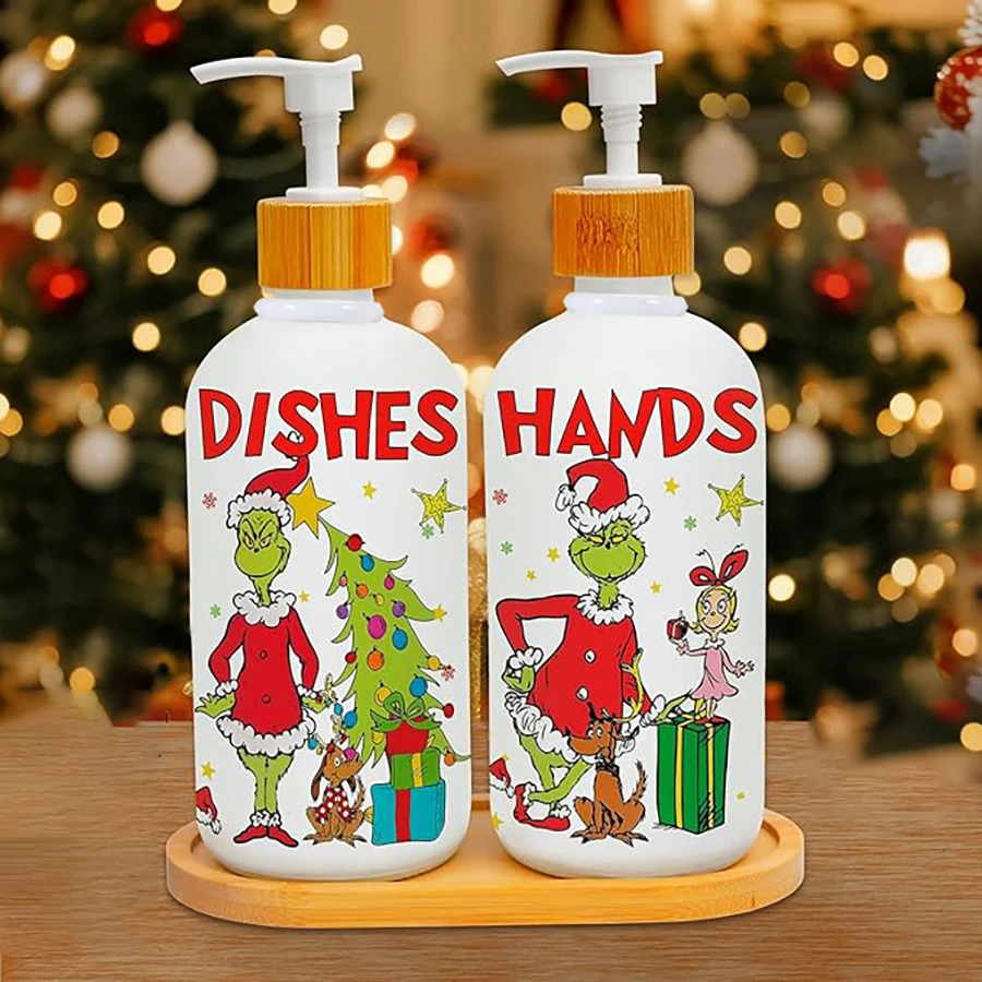 2-teiliges Weihnachtsseifenspender-Set, Urlaubshandseifenspender mit Pumpe und Tablett, nachfüllbare weiße Flaschen für die Küchenspüle – Detail 2