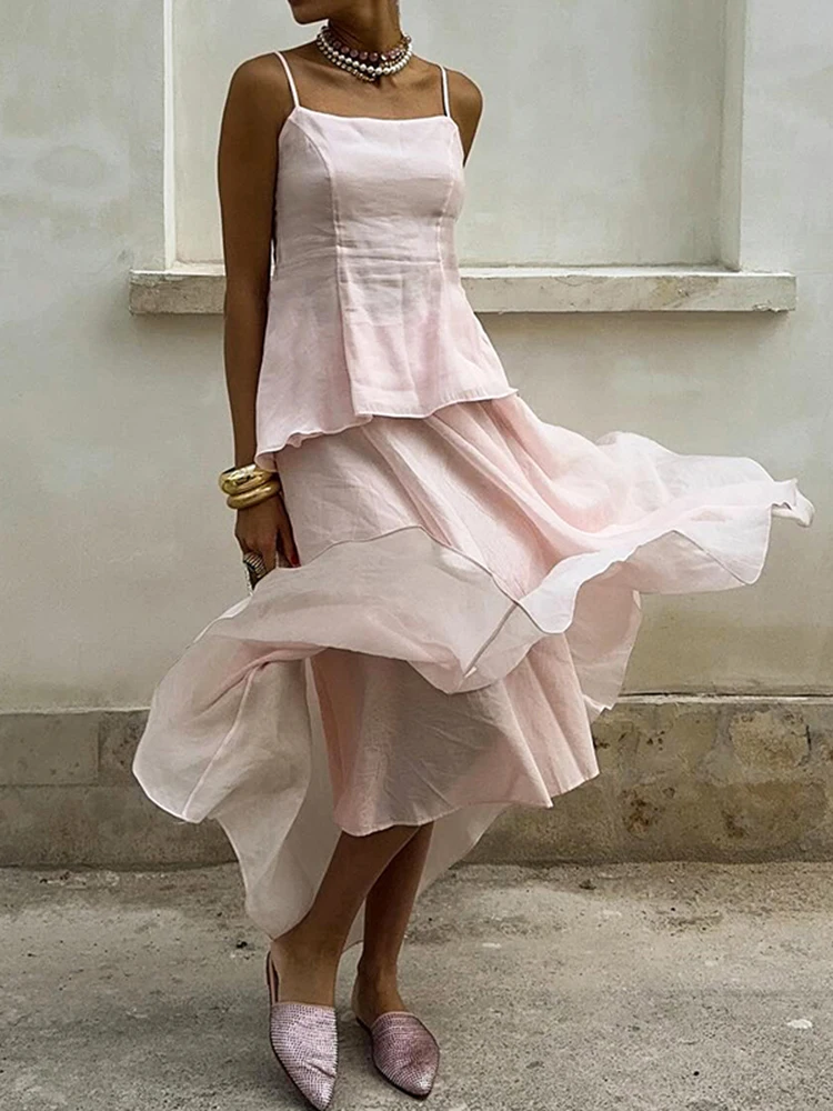 

Summer Solid Color Hollow Out Holiday Outfits Elegant Lady Commute 2 Piece Casual Sexy Halter Sleeveless Vest&Pleated Skirts Set