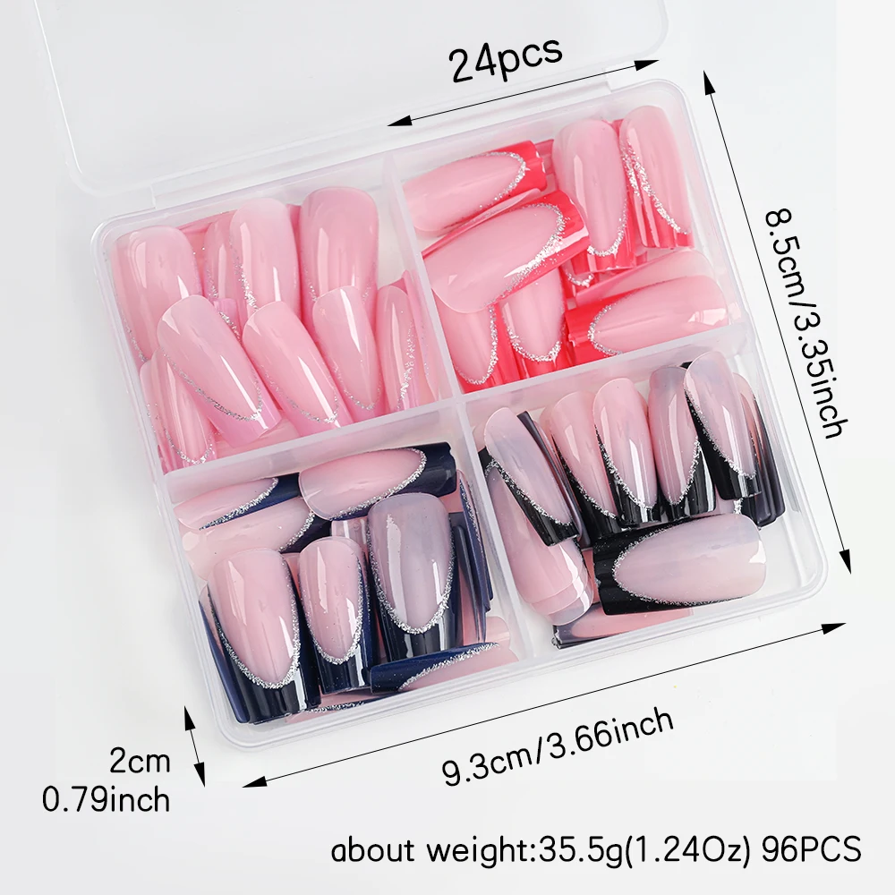 96 stks/doos Acryl Franse Kunstnagels Gemengde Grootte Lange Vierkante Glitter Curve Volledige Dekking Druk Op Nagel Tips Nagelverlenging Nep Tips