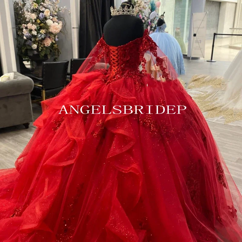 Angelsbridep ที่กําหนดเองหรูหราปิดไหล่ชุดบอล Quinceanera ชุดสีแดง Glitter Tulle Vestidos De 15 ปี Quinceañeras