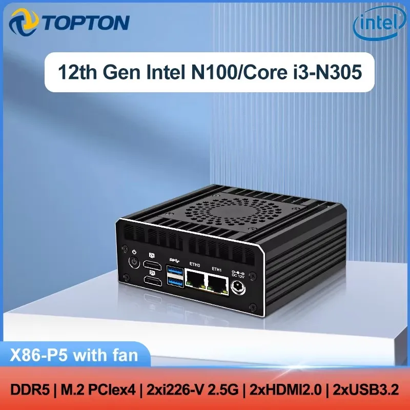 

Solid Firewall Soft Router X86 P5 12th Gen Intel i3-N305 N100 Mini PC 2*i226-V 2.5G 2*HDMI2.0 2*USB3.2 DDR5 4800 PCIex4 DIY NAS