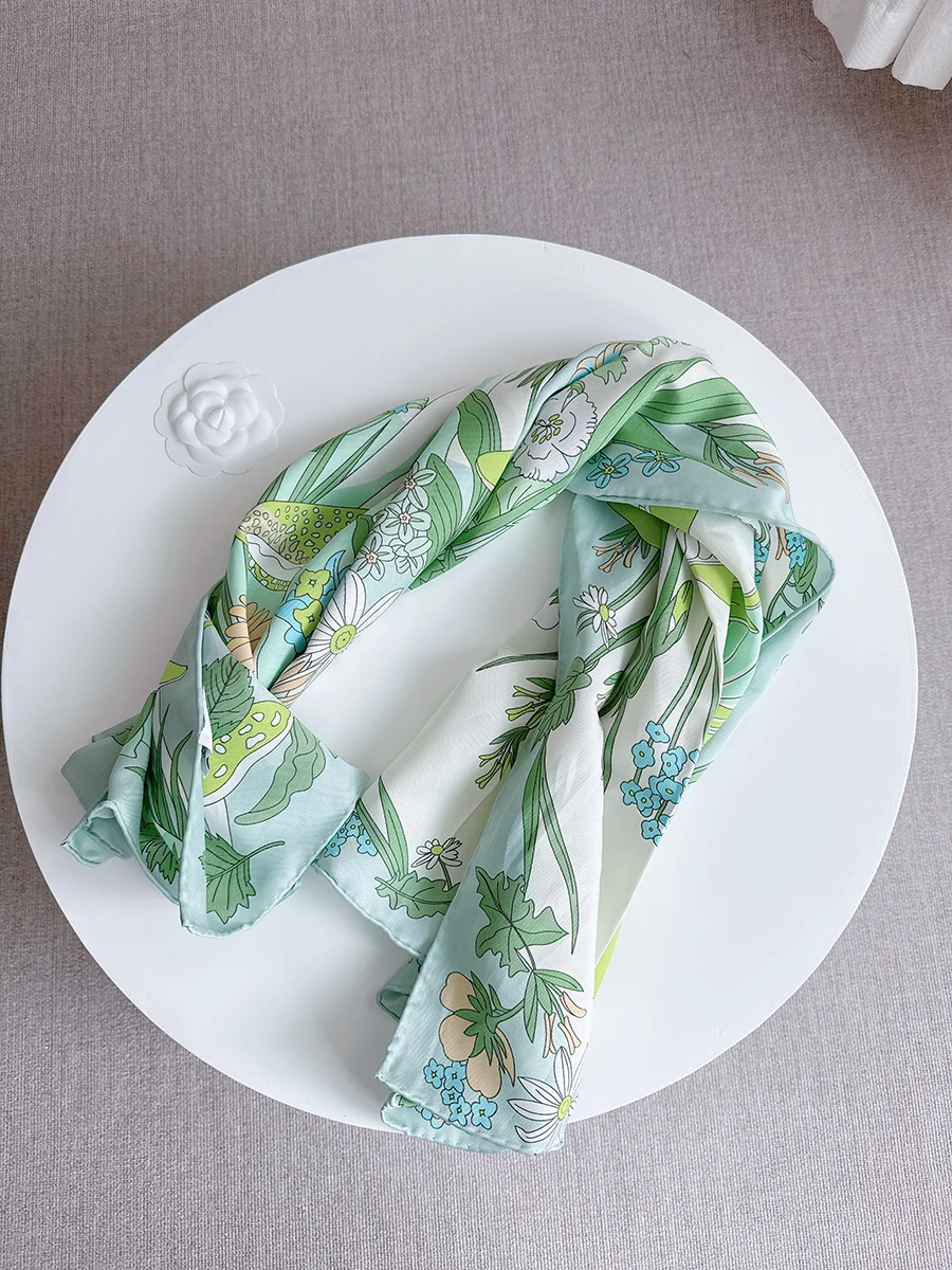 Syal Wanita Baru Kualitas Tinggi Hijau Bunga Foulard Mewah Gulung Tangan Syal Persegi Bunga 90Cm 90x90cm