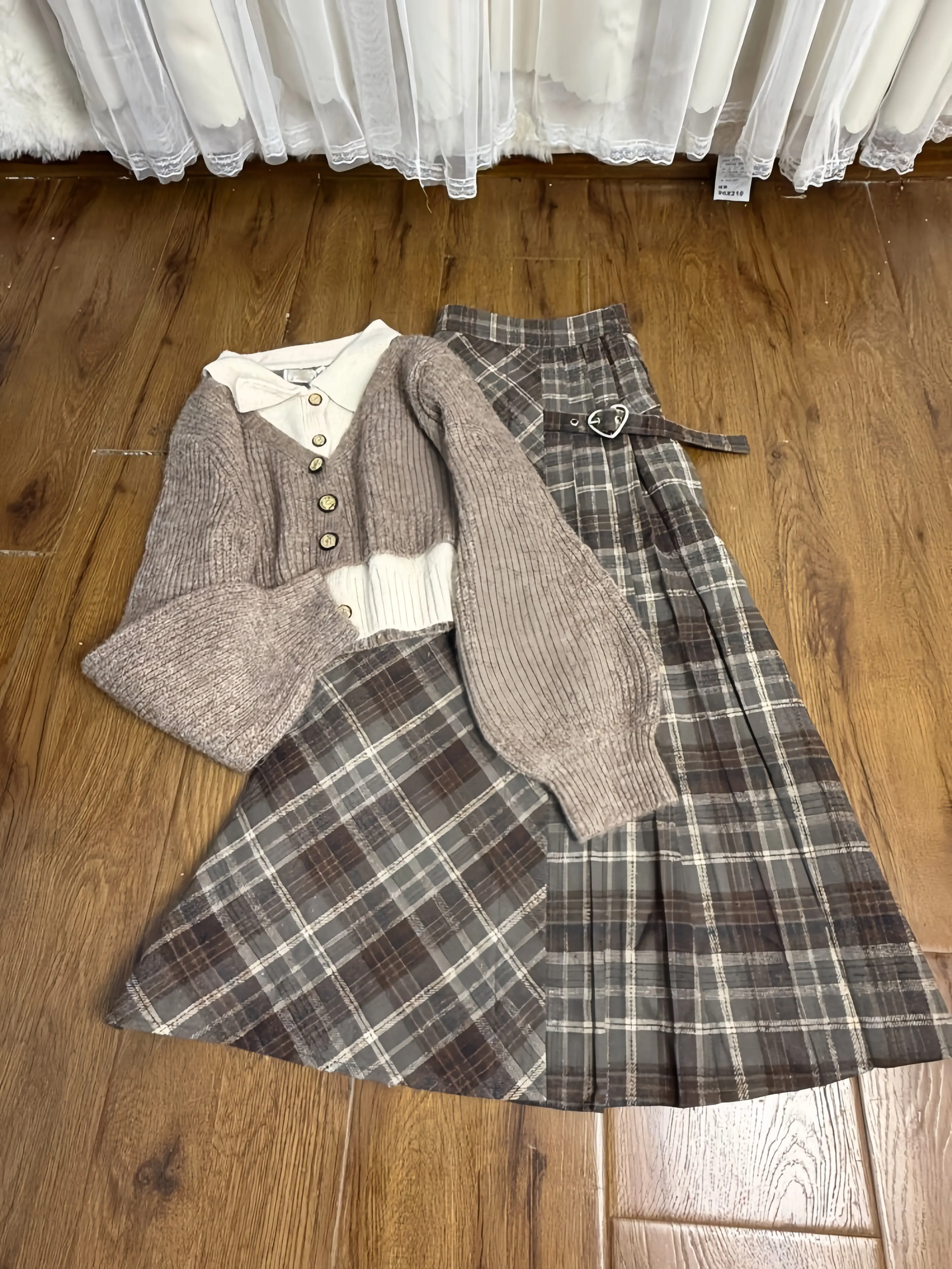 Trendy Lazy Style Japanese Retro Knitted Sweater Fake Two-Piece Sweater High Waist Plaid  Skirt Women's Two-Piece Set