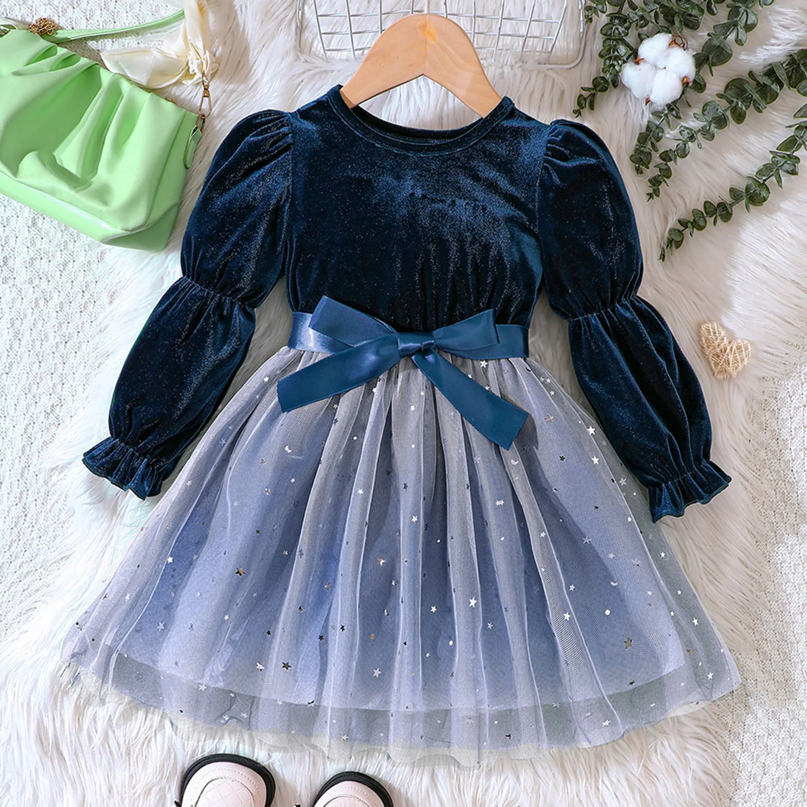 Toddler Girls Winter Dresses Puffly Sleeve Velvet Dress Mesh Patchwork Princess Party Birthday Dress For Girls 3-7Y Kids Clothes