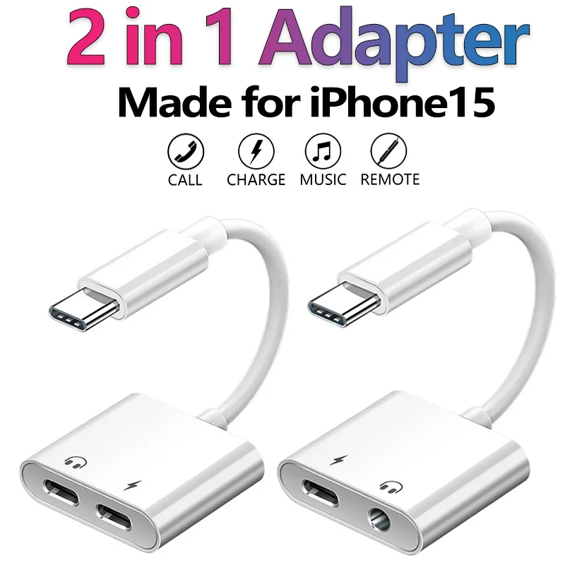 2 IN 1 Splitter AUX Type C to 3.5MM USB C OTG Adapter for iPhone 15 Pro Max Connector USB C to Type C Jack Audio 60W Fast Charge