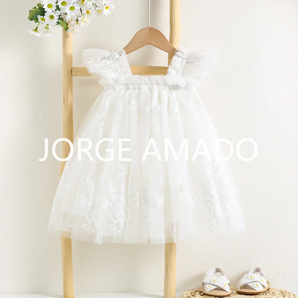 New Summer Baby Girl Mesh Dress Floral Embroidery Square Collar Tutu Princess Dresses Birthday Party Formal Event Wear A5956