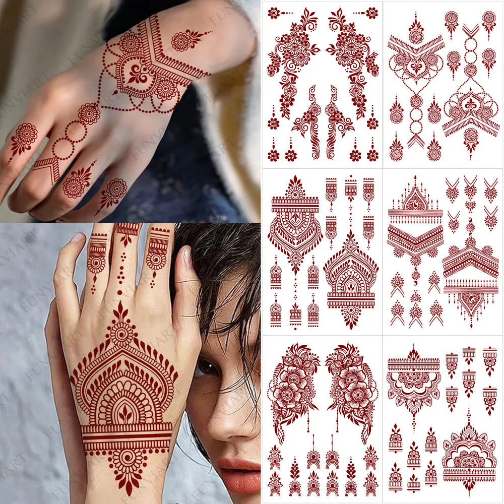 Disposable Flower Fake Tattoo for Women Maroon Henna Tattoo Stickers for Hand Fingers Body Art Waterproof Temporary Tattoos