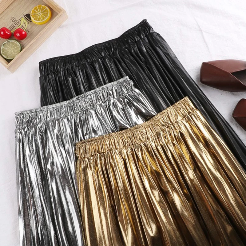 High Waist A-Line Midi Pleated Skirt For Women 2024 New In Autumn Winter Korean Fashion Gold Silver Elegant Long Skirts