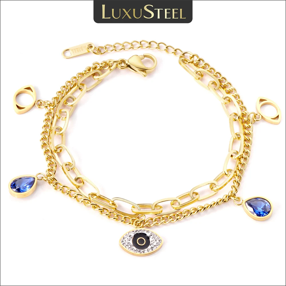 LUXUSTEEL Lucky Bling Blue Evil Eye Waterdrop Crystal CZ Zircon Charm Bracelet for Women Girls Double Link Chain On Hand Turkish