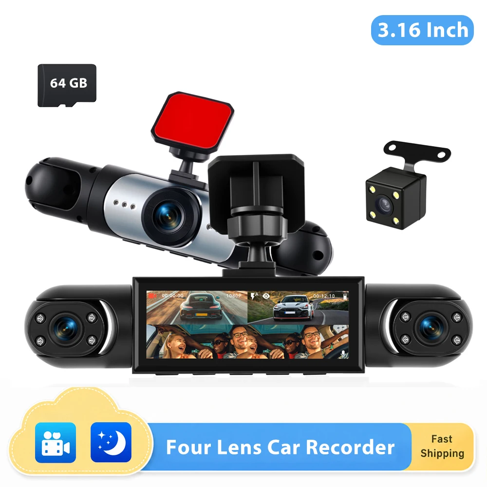 Podofo Auto-Dashcam mit Nachtsicht, Parküberwachung, Fahrrekorder, Bewegungserkennung, Loop-Aufnahme und 480P Kameras für Innenraum links, Innenraum rechts und Rückansicht zur Einparkhilfe
