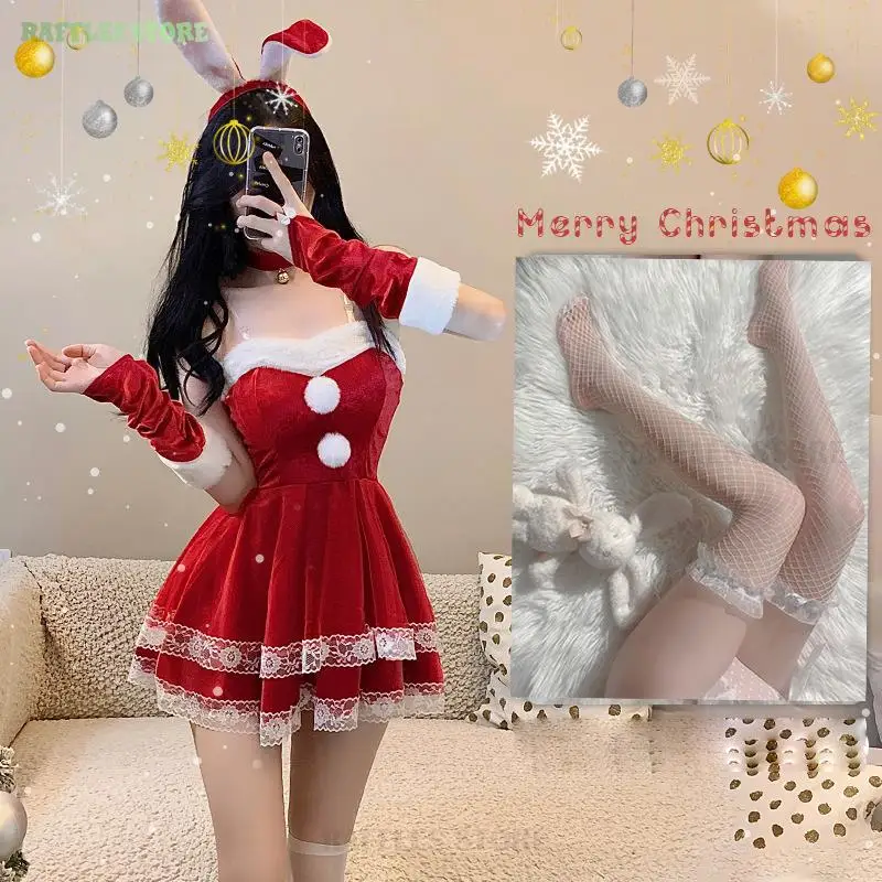 Women Christmas Costumes Lolita Maid Red Dress Velvet Bunny Lingerie Xmas Santa Claus Cosplay Party Outfits New Year Costume