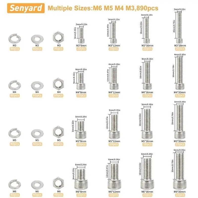652f 890pcs metrische Schraubensortimentset M2M3m4 Edelstahl -Sechskantschalen -Kopfkappenschrauben und Nuss mit flachen