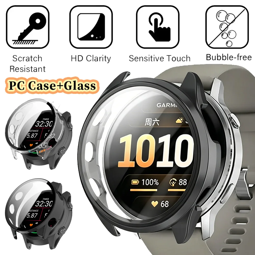 PC-Gehäuse + HD-Hartglas für Garmin Forerunner 970/570/965, harte PC-Anti-Fall-Hülle, Garmin Venu 4 45 mm 41 mm Active 6 5 Schutz