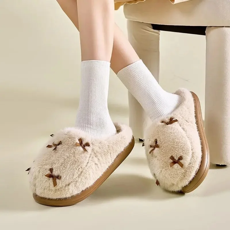 Women's Thickened Warm Cotton Shoes Korean Ins Princess Bow Plush Anti Slip Cute Sweet Comfortable Home Outdoor Daily Wear