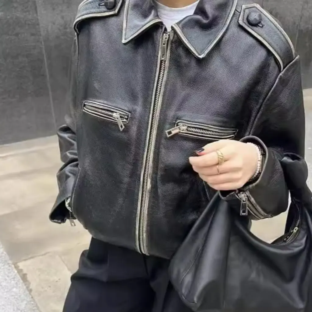 여성용 빈티지 워싱 컬러 바이커 가죽 재킷 헤비 인더스트리 하이 스트리트 스타일 루즈 PU 코트 가을용