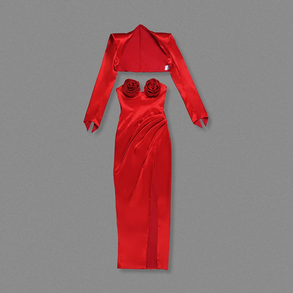 

Red Two Piece Set for Women Celebrity Club Party Gown Long Sleeve Short Coat + Flower Strapless High Waist Maxi Dress Sets