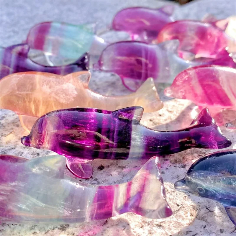 Natural Rainbow Fluorite Dolphin Crystal Marine Organism Carving Healing Fish Tank Landscaping Home Decorative Gift 1pcs 8CM