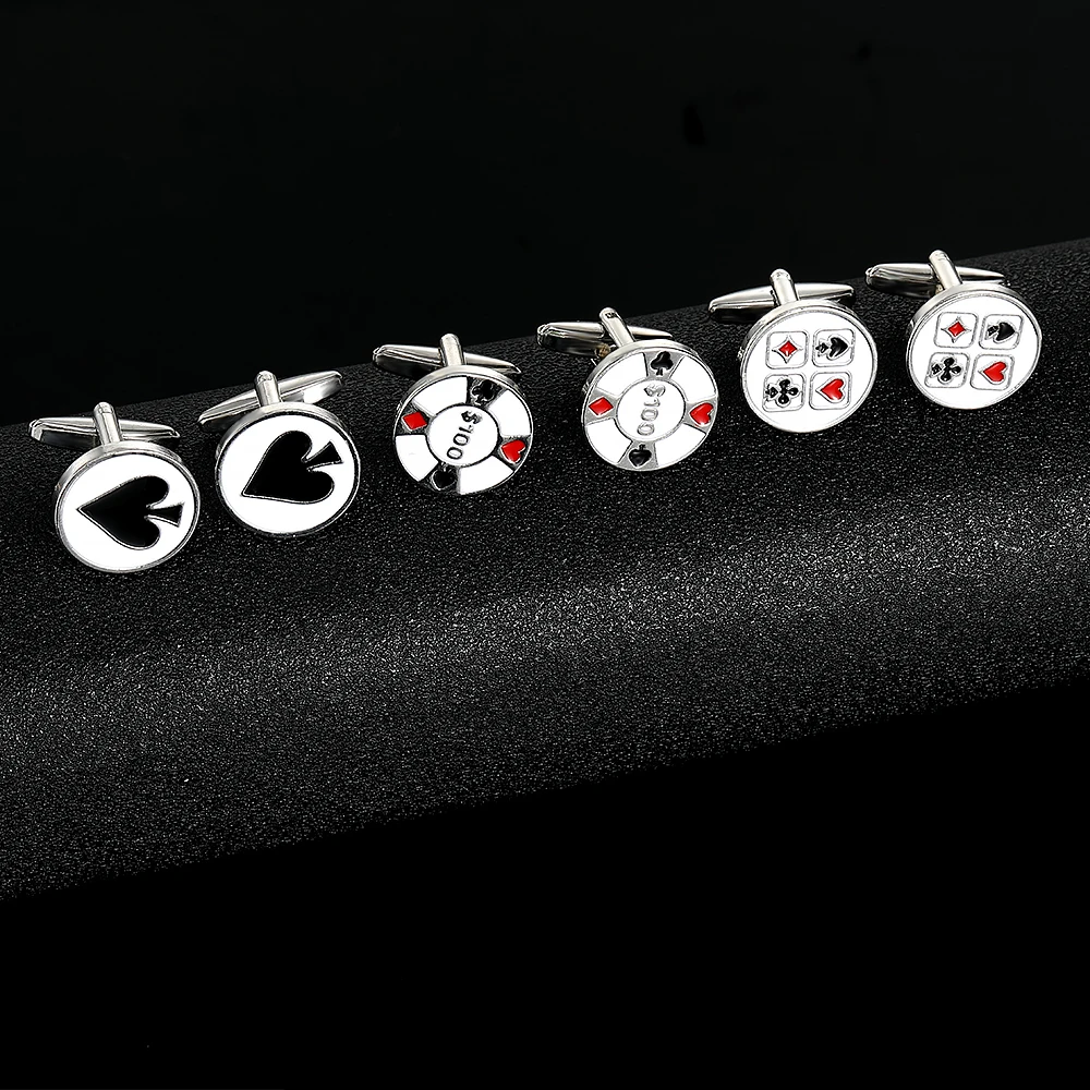 Luxuriöse Poker-Chip-Manschettenknöpfe mit Öltropf-Design für stilvolle Herren-Manschettenknöpfe mit Diamanten, Herzen, Spaten und Schlägern – Detail 6