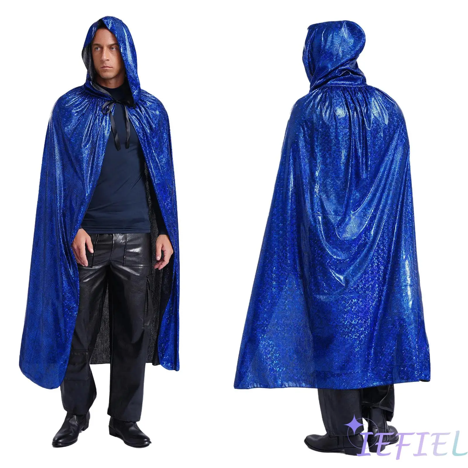 

Halloween Mens Magician Vampire Cosplay Costume Witch Wizard Medieval Roleplay Shiny Hooded Cape Front Tying Full Length Cloak