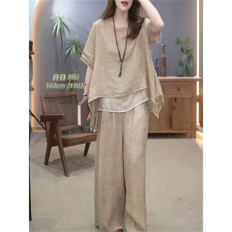 Literature and Art Retro Cotton Hemp Set for Women's 2024 Summer New Ethnic Style Loose and Slimming Style Two Piece Set Khaki