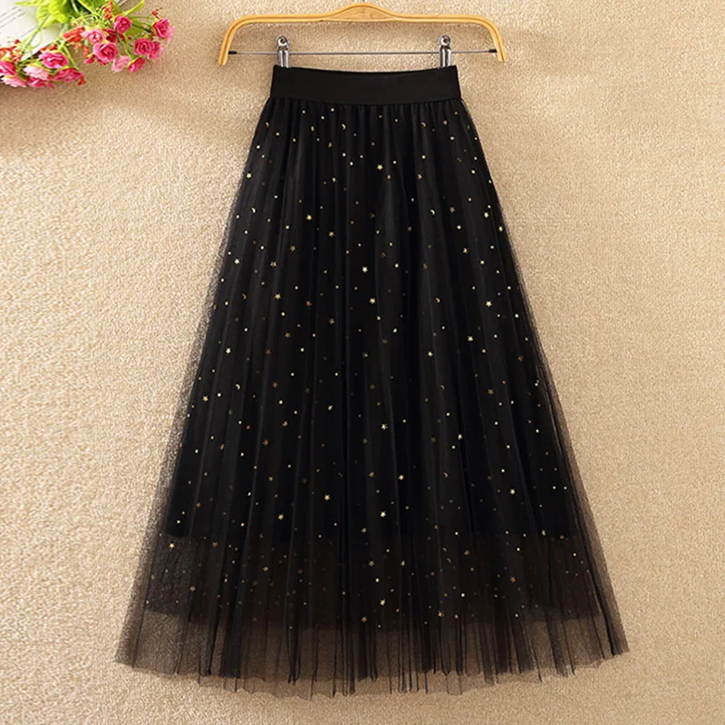 In the spring of 2022 new long dress in black pleated skirt large yards wave light net veil skirts