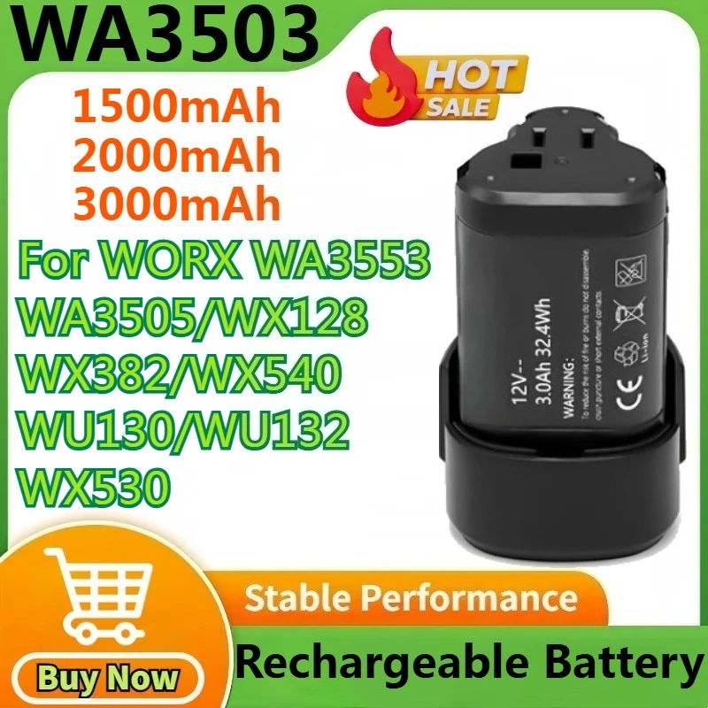 

12V 3000mAh Li-ion Replacement Battery WA3503 Screwdriver Electric for WORX WA3553 WA3505 WX128 WX382 WX540 WU130 WU132 WX530