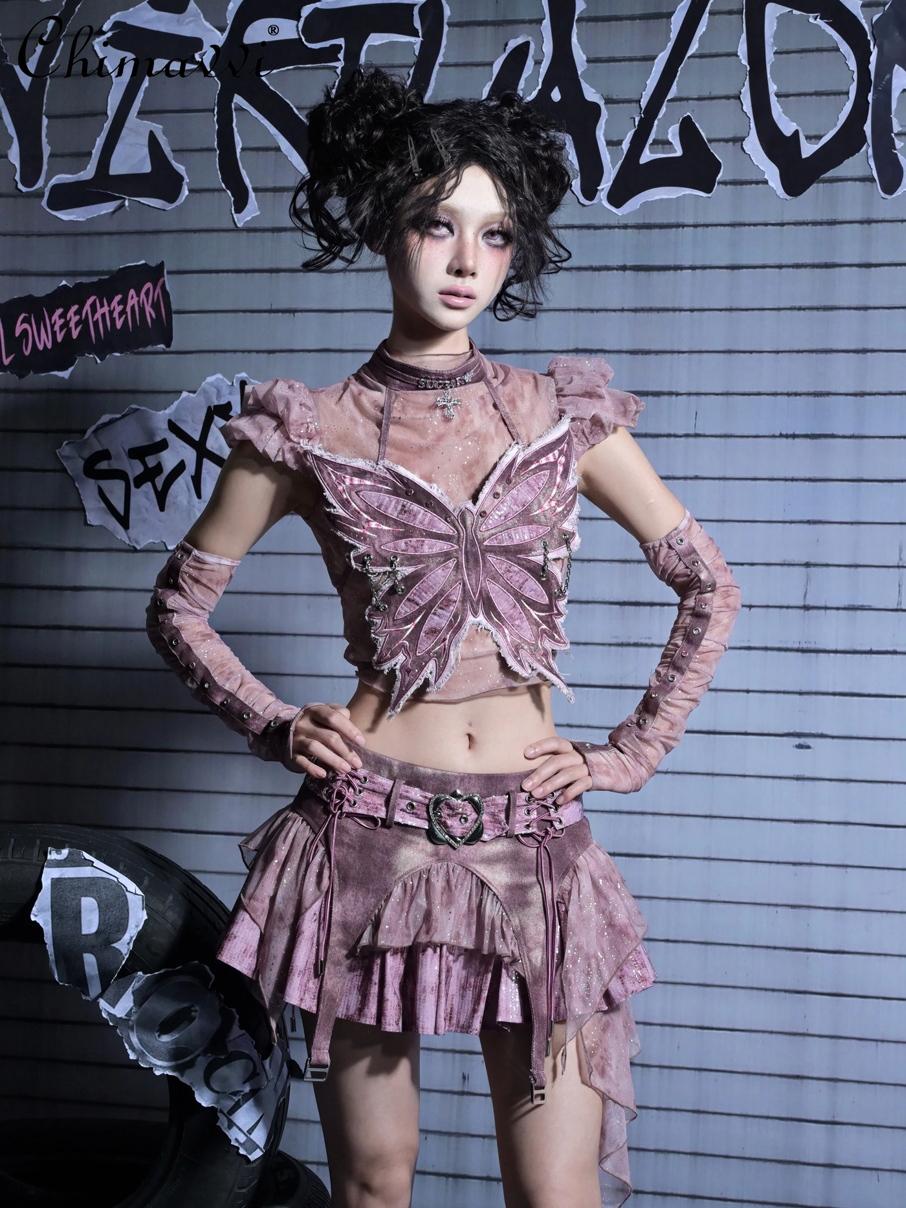 

Gothic Punk Sweet Cool Spicy Girl Sexy Butterfly Bra Two-Piece Set Top + Low Waist Irregular Mesh Patchwork Skirt Set 2025 New