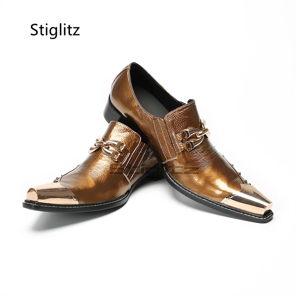 Metallic Gold Slip On Loafers for Men Rivet Buckle Metal Pointed Toe Low Heel Genuine Leather Formal Dress Wedding Party Shoes