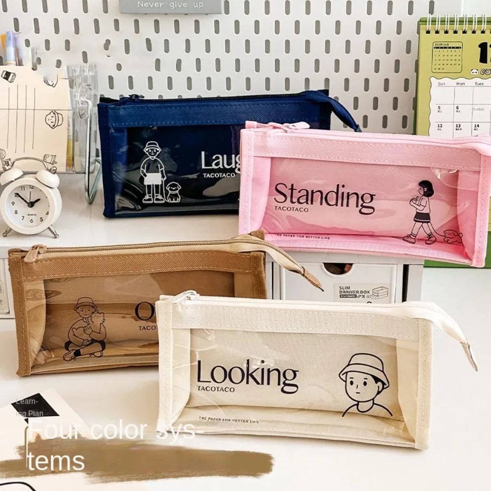 Multi Layer Canvas Transparent Pencil Case Minimalist Style Japanese Large Capacity Pen Bag Zipper Stationery Holder Bag