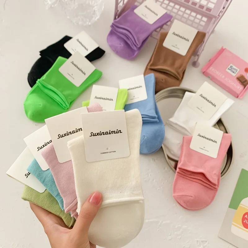 Calcetines de algodón con borde enrollado de Color caramelo de verano para mujer, calcetines de algodón deportivos informales bonitos de marca a la moda para hombres y mujeres