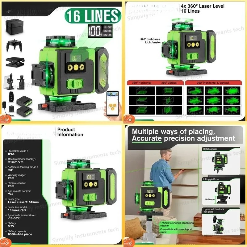 16 Lines 4D Laser Level with APP Remote Control Self-leveling 360 Degree Green Laser Level Rechargeable 6000mAh Li-ion